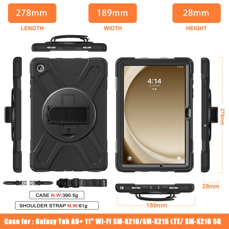 Samsung Galaxy Tab A9+ case featuring a rotary handle, pen slot, and shoulder strap for enhanced portability and protection.